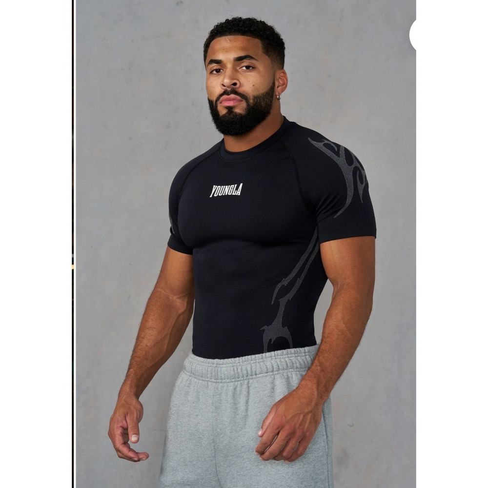 YoungLA Compression Shirt Men Med Black Gothic Tribal Graphic Gym Bodybuilding